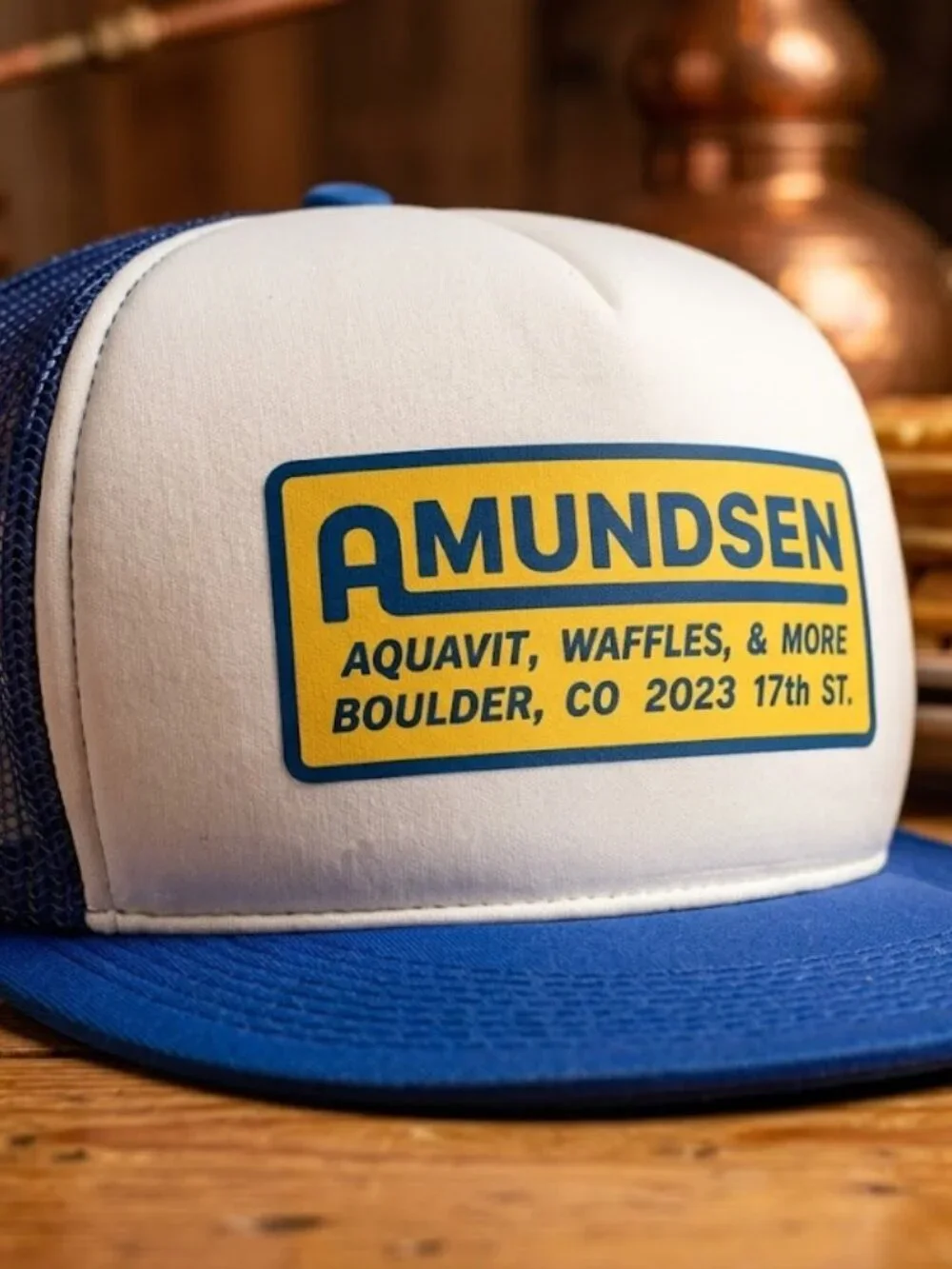 Retro Amundsen Boulder Colorado Trucker Hat Vintage Blue Foam Snapback Cap